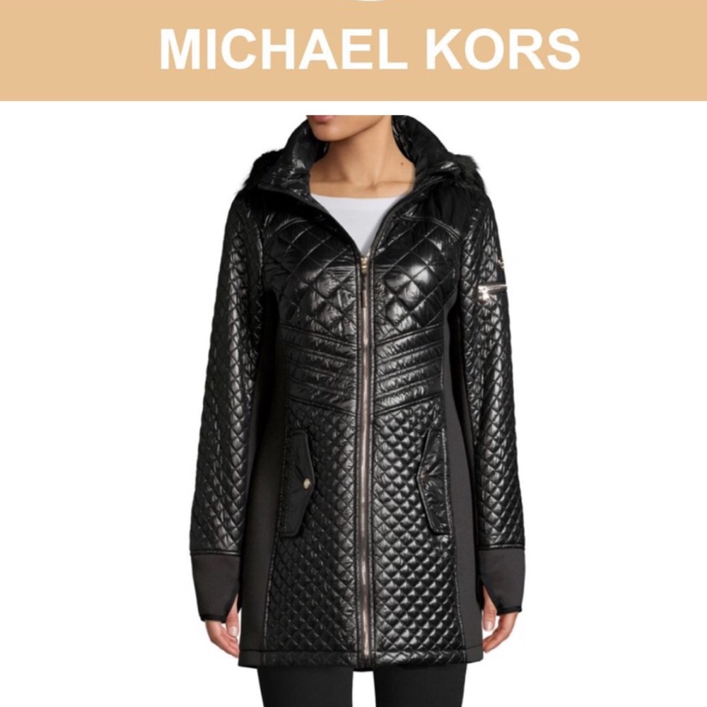 NWOT MICHAEL KORS Hooded Black XS Quilted Long Coat